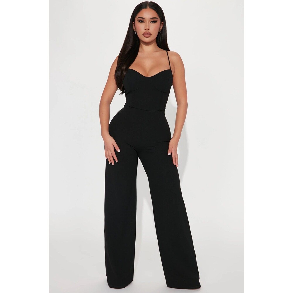 NWT Fashion Nova Taking Notes Sweetheart Spaghetti Straps Wide Leg Jumpsuit S